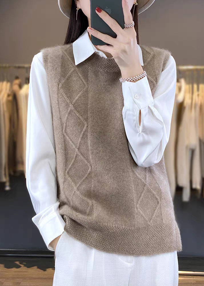 Elegant Beige O-Neck Cozy Knit Vest Sleeveless