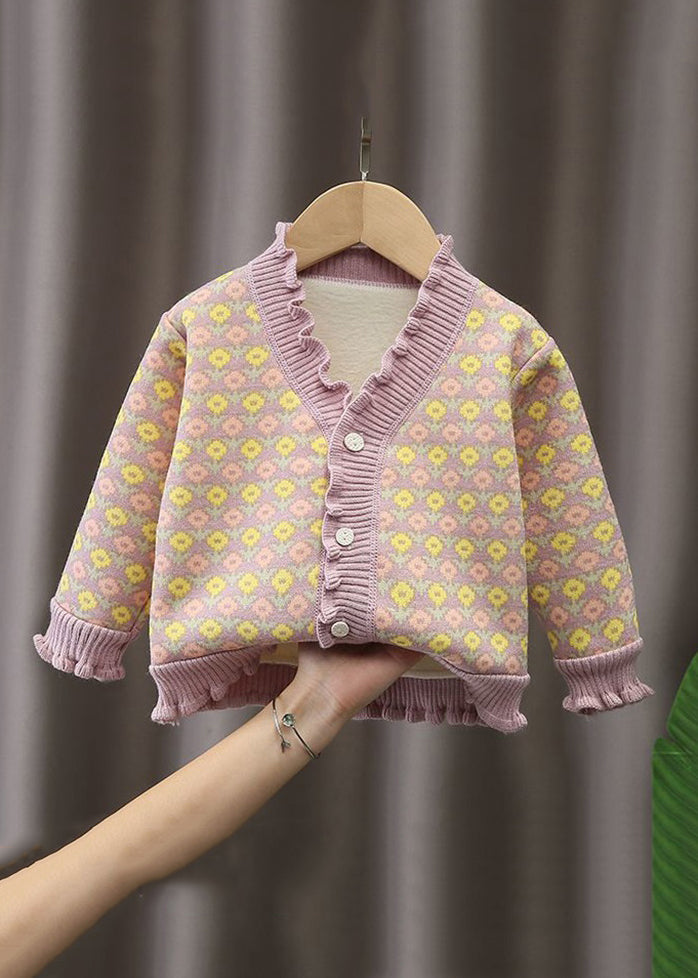 Elegant Beige Ruffled Button Print Warm Fleece Baby Coat Long Sleeve