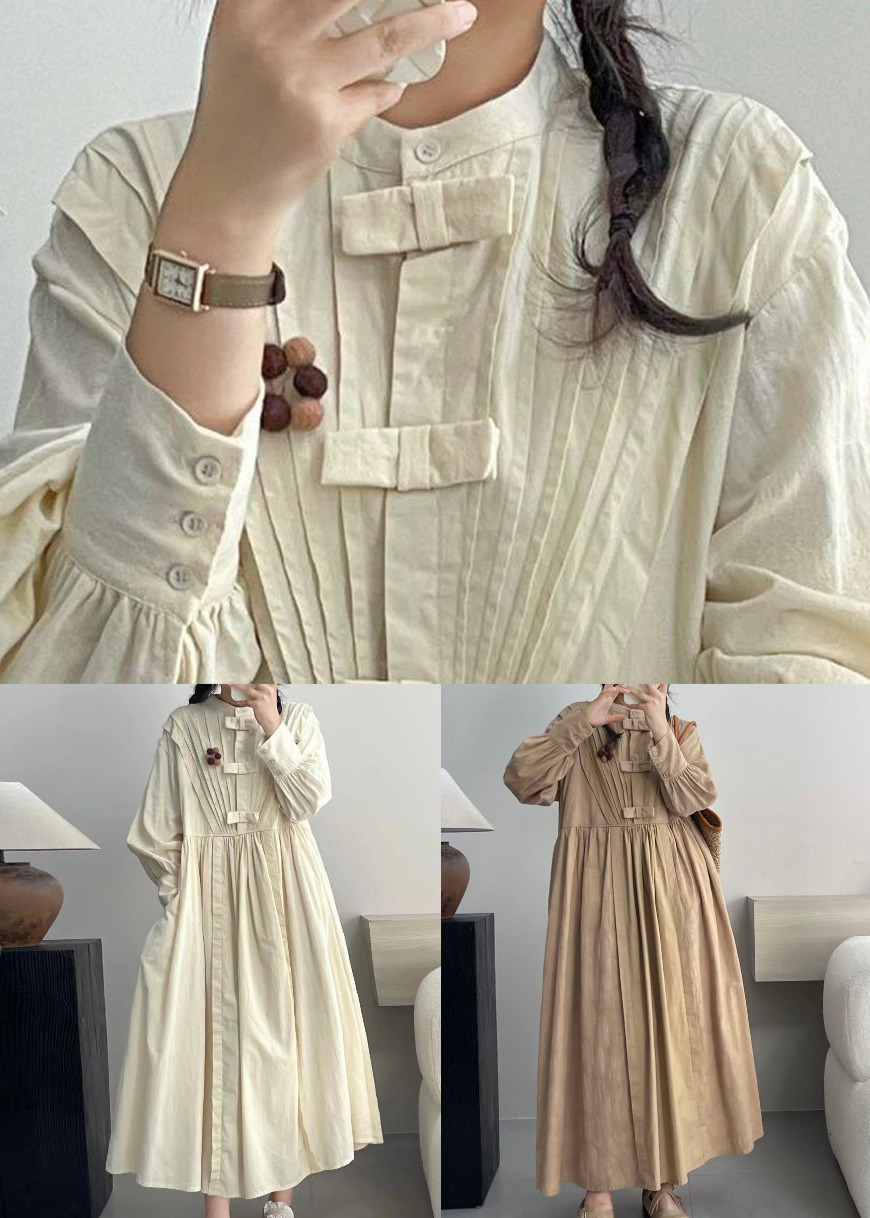 Elegant Beige Wrinkled Button Cotton Dresses Long Sleeve