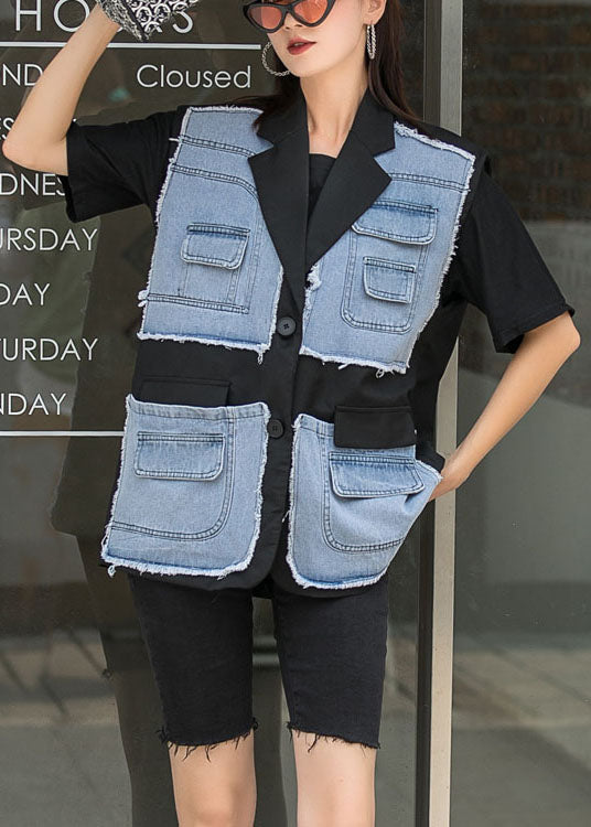 Elegant Black Patchwork Button Pockets Fall Sleeveless Waistcoat