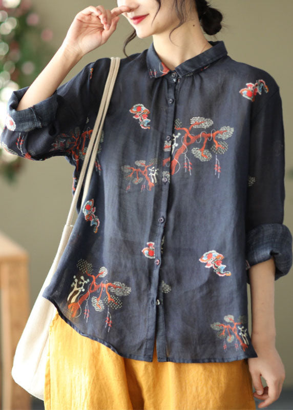 Elegant Black Peter Pan Collar Button Print Linen Shirt Tops Long Sleeve