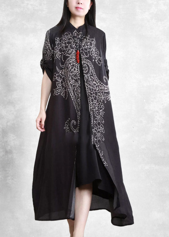 Elegant Black Stand Collar Button Print Pockets Linen Cardigans Half Sleeve