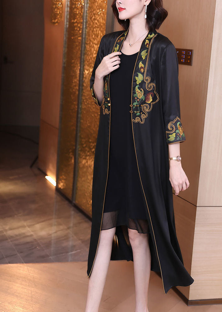 Elegant Black V Neck Print Draping Silk Long Cardigans Bracelet Sleeve