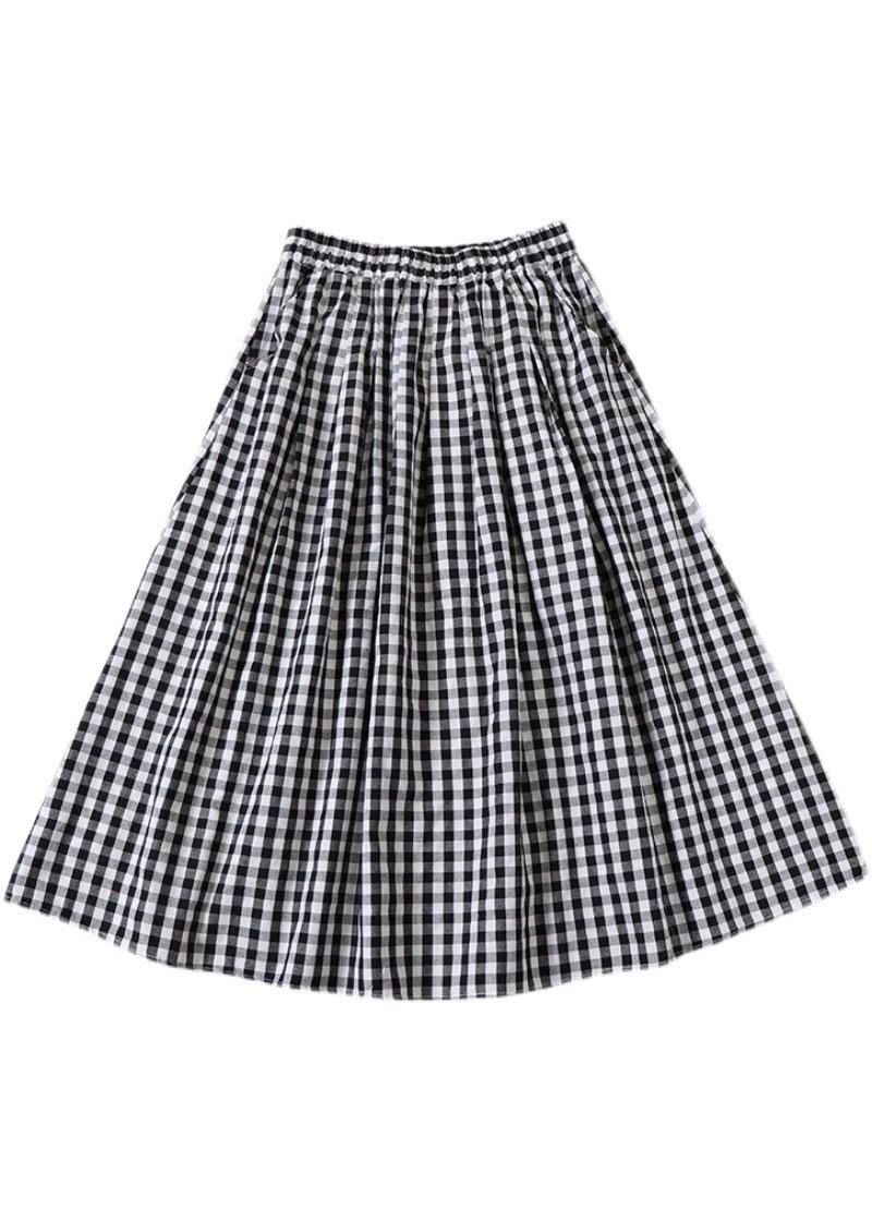 Elegant Black White Plaid wrinkled Pockets Fall Skirt