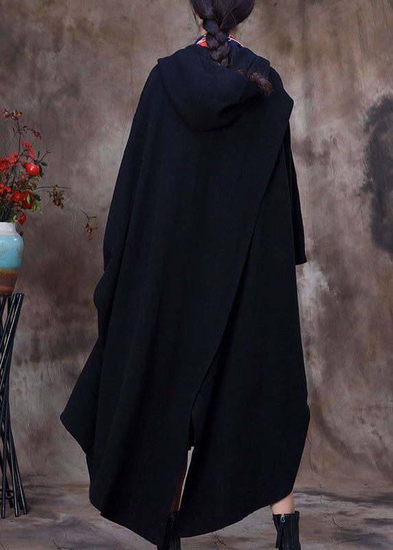 Elegant Black hooded Cloak Sleeves asymmetrical design Winter Coat