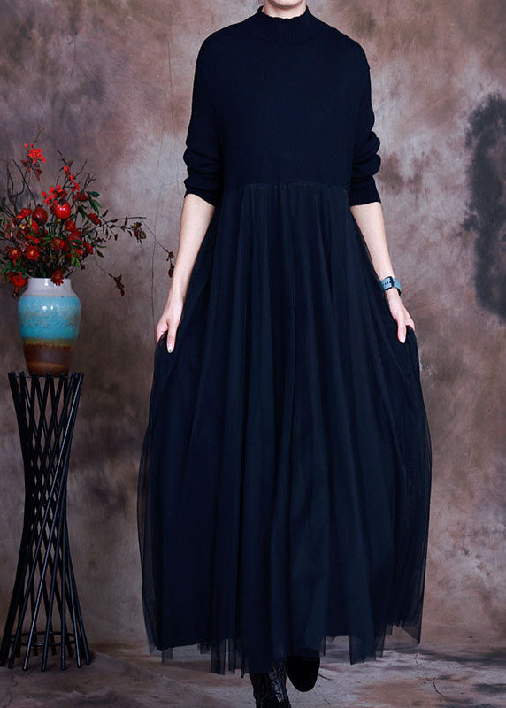 Elegant Black tulle Patchwork Knit Dress Spring