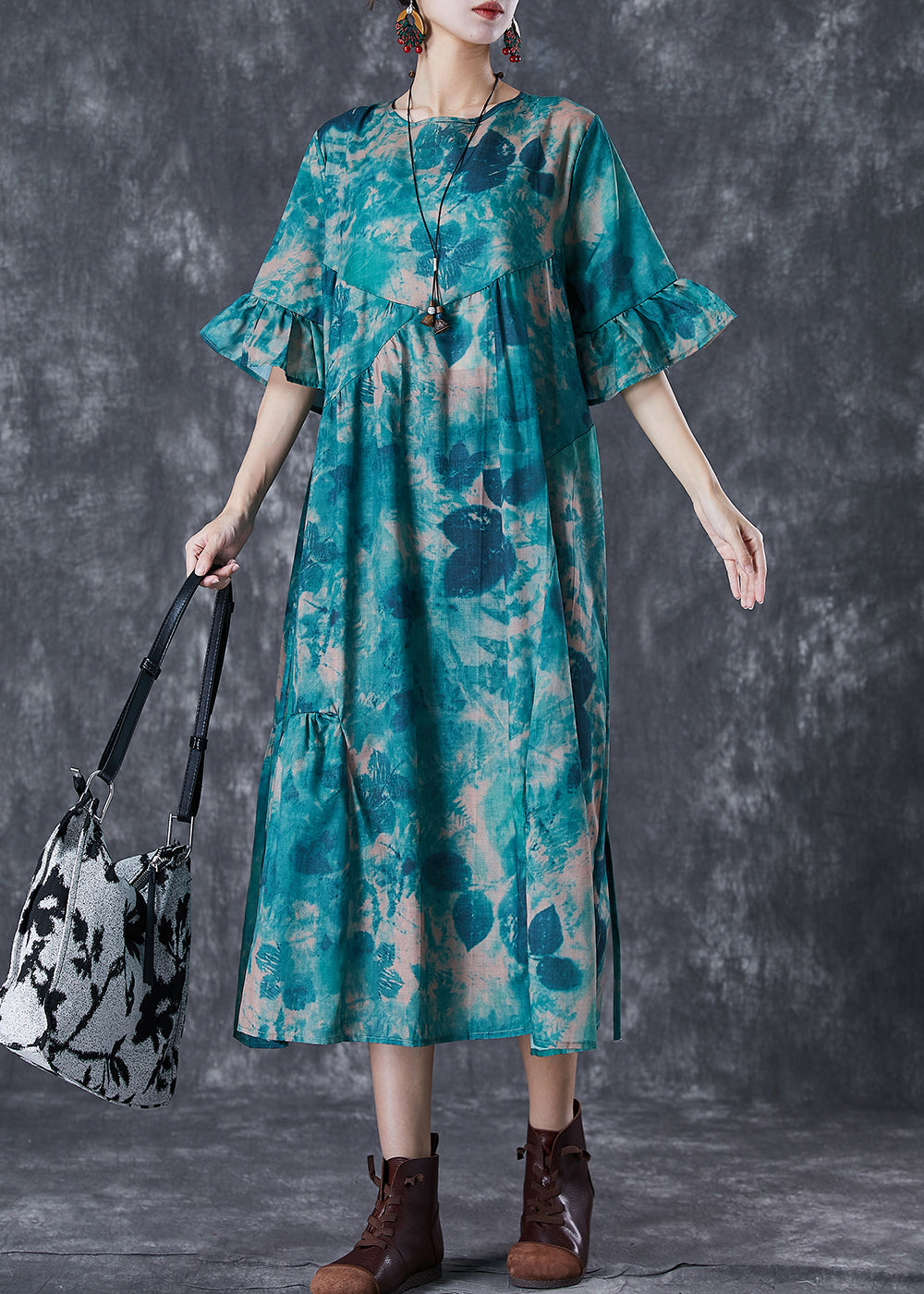 Elegant Blackish Green Tie Dye Wrinkled Cotton Dress Summer