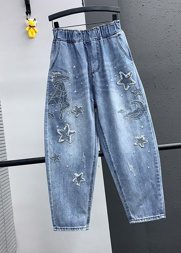 Elegant Blue Embroideried Pockets Elastic Waist Denim Crop Pants Summer