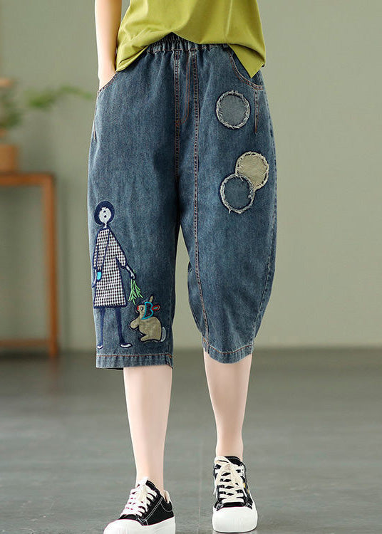 Elegant Blue Embroideried Print Elastic Waist Denim Crop Pants Summer