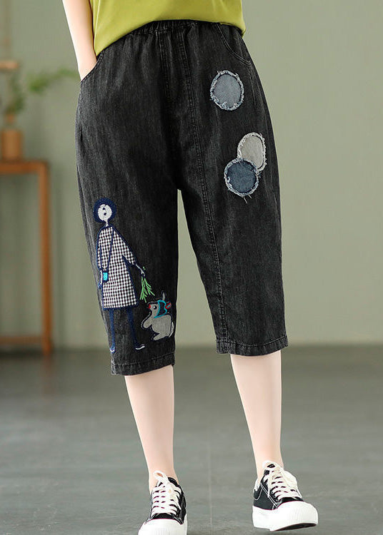 Elegant Blue Embroideried Print Elastic Waist Denim Crop Pants Summer