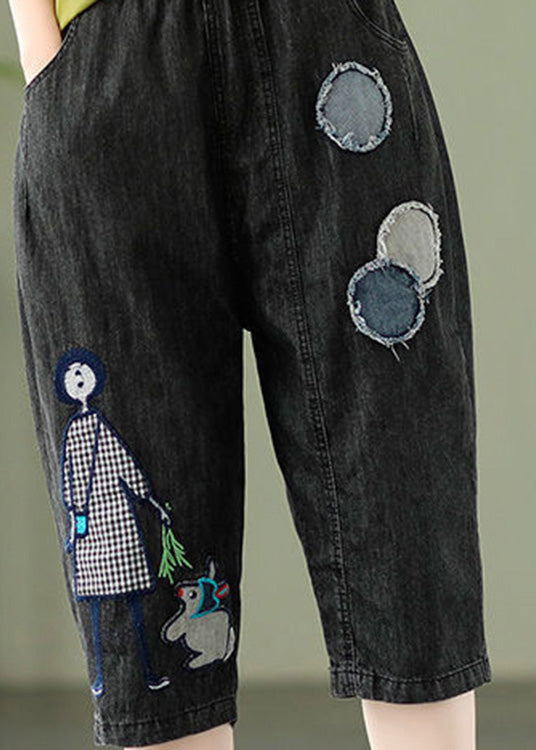 Elegant Blue Embroideried Print Elastic Waist Denim Crop Pants Summer