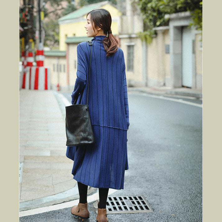 Elegant Blue High Neck Loose Fashion Sweater Dresses For Women