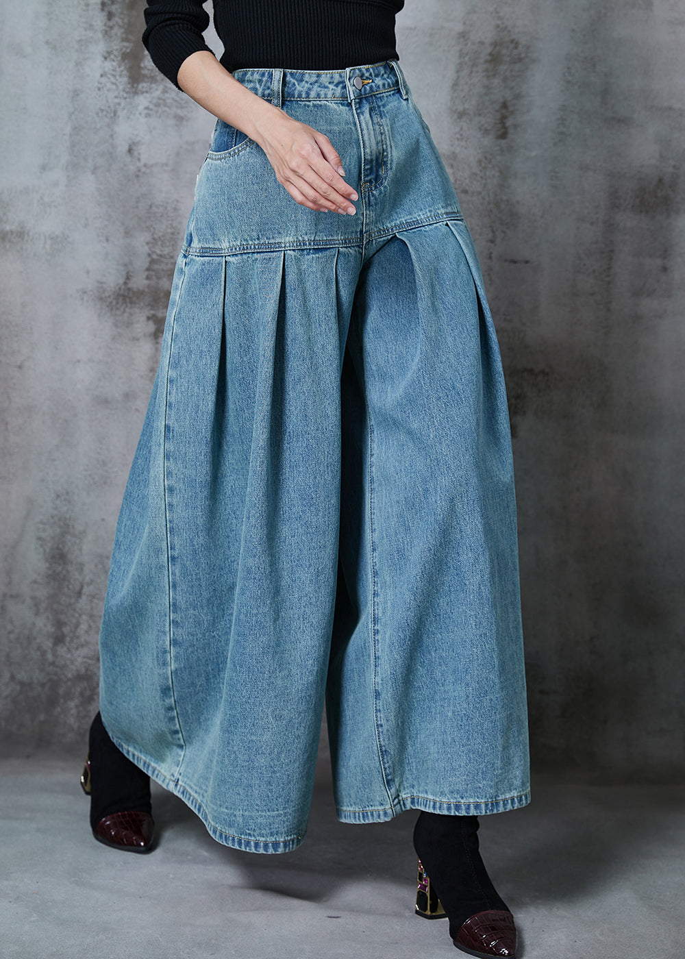 Elegant Blue High Waist Patchwork Denim Wide Leg Pant Skirts Summer