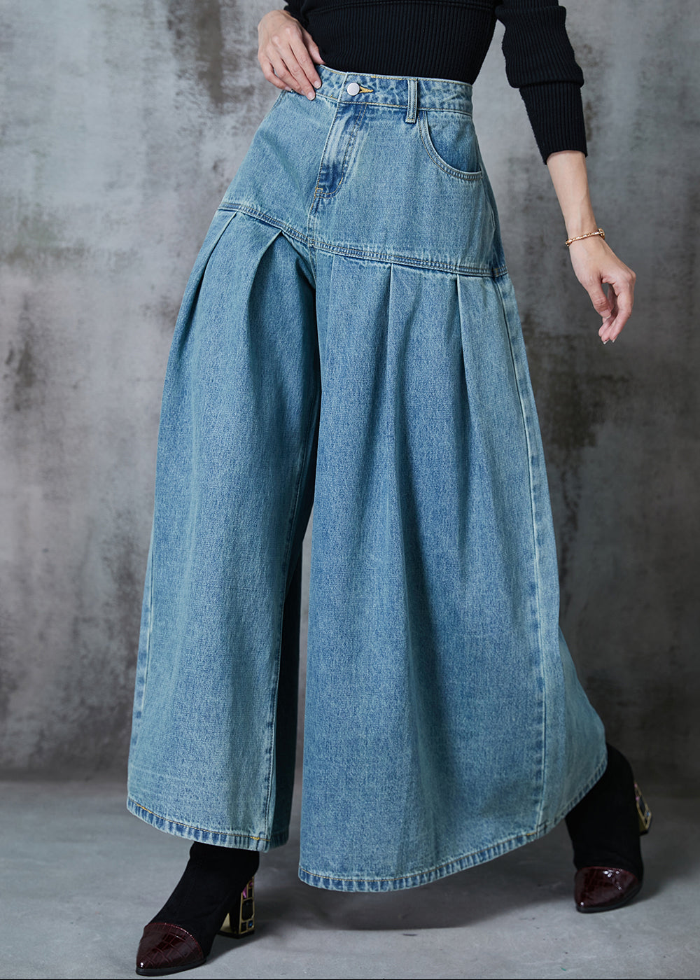 Elegant Blue High Waist Patchwork Denim Wide Leg Pant Skirts Summer