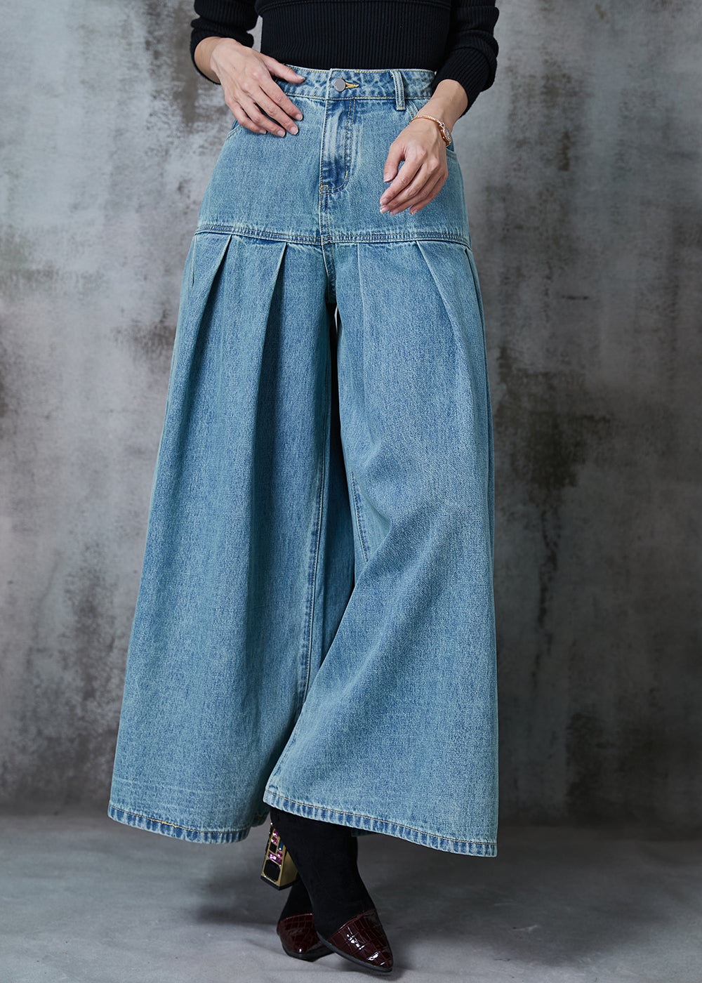 Elegant Blue High Waist Patchwork Denim Wide Leg Pant Skirts Summer