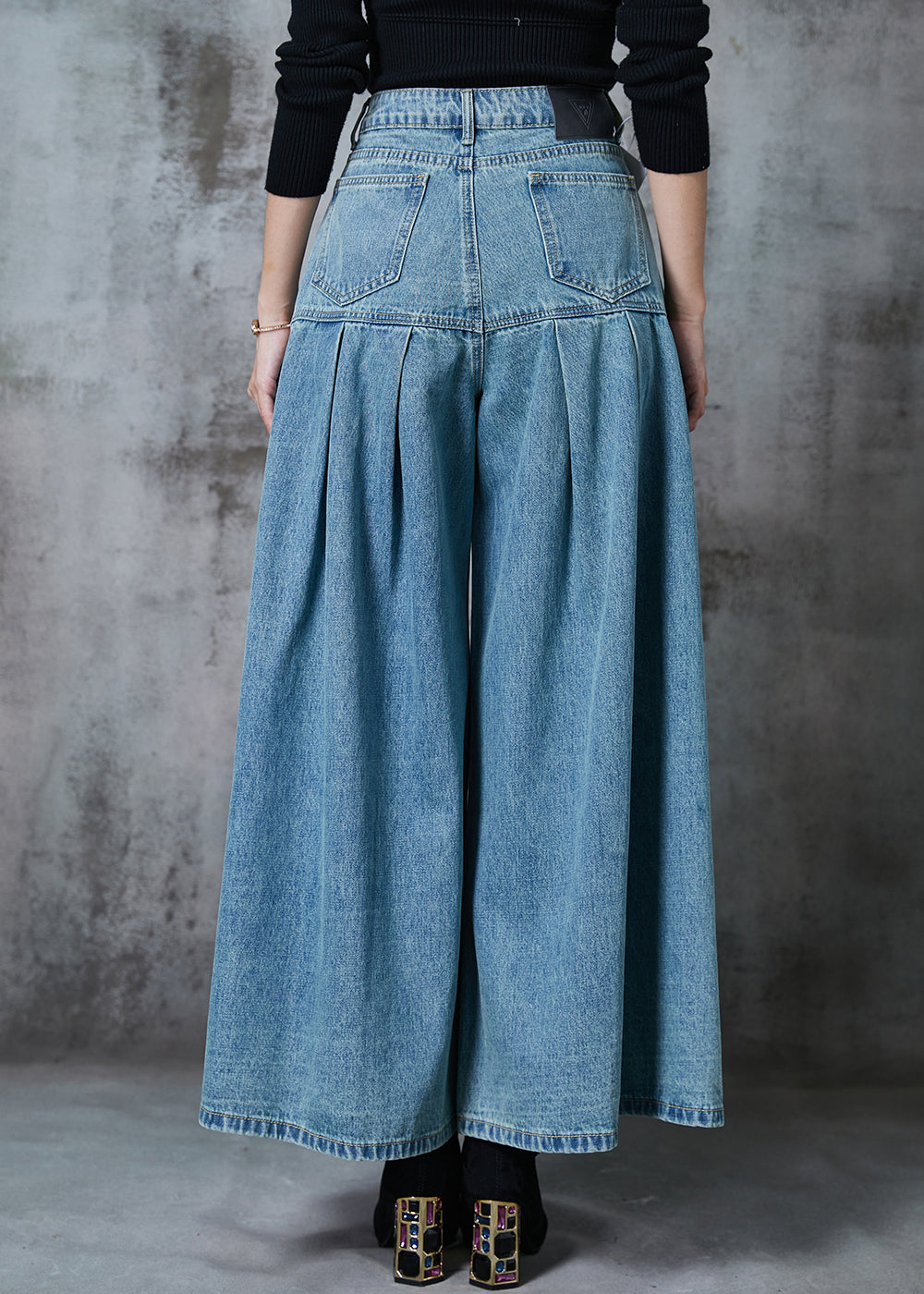 Elegant Blue High Waist Patchwork Denim Wide Leg Pant Skirts Summer