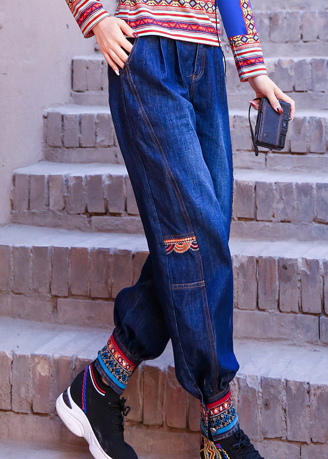 Elegant Blue High Waist Print Cotton Denim Beam Pants Spring