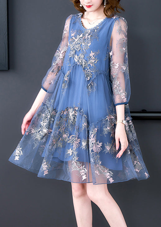 Elegant Blue O-Neck Embroideried Patchwork Tulle Vacation Dresses Half Sleeve