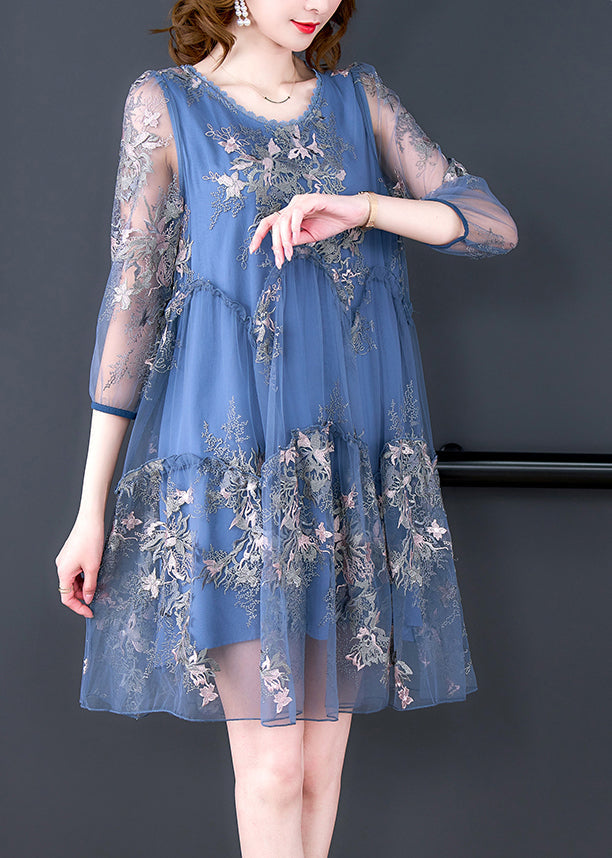 Elegant Blue O-Neck Embroideried Patchwork Tulle Vacation Dresses Half Sleeve