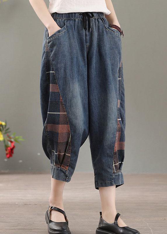 Elegant Blue Pockets Patchwork Fall Harem Denim Pants