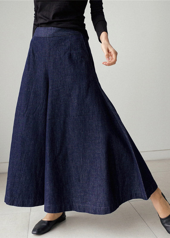 Elegant Blue Pockets Wide Leg Denim Pants Spring