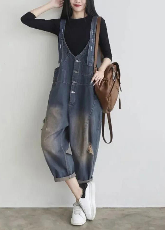 Elegant Blue V Neck Patchwork Button Jumpsuit Summer