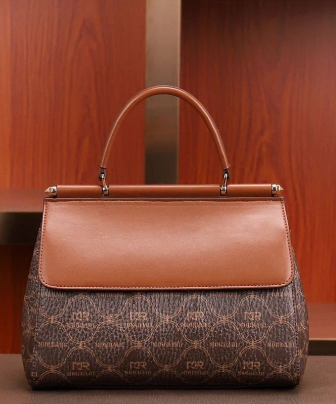 Elegant Brown Embroideried Calf Leather Tote Handbag