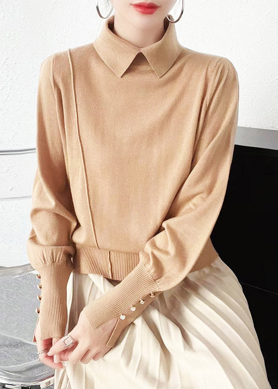 Elegant Camel Peter Pan Collar Woolen Knit Sweater Long Sleeve