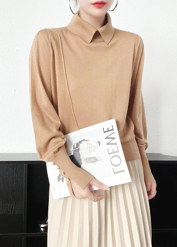 Elegant Camel Peter Pan Collar Woolen Knit Sweater Long Sleeve