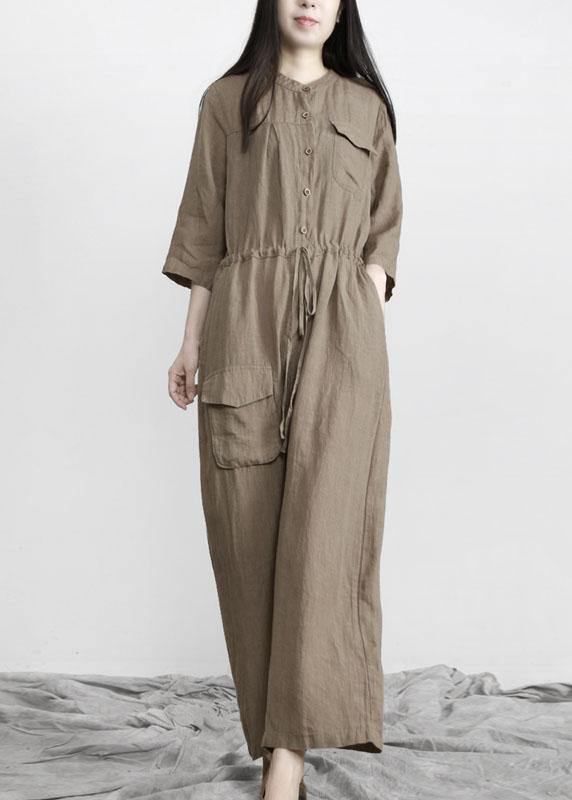 Elegant Chocolate Pockets Wide Leg Fall Linen Jumpsuit Pants