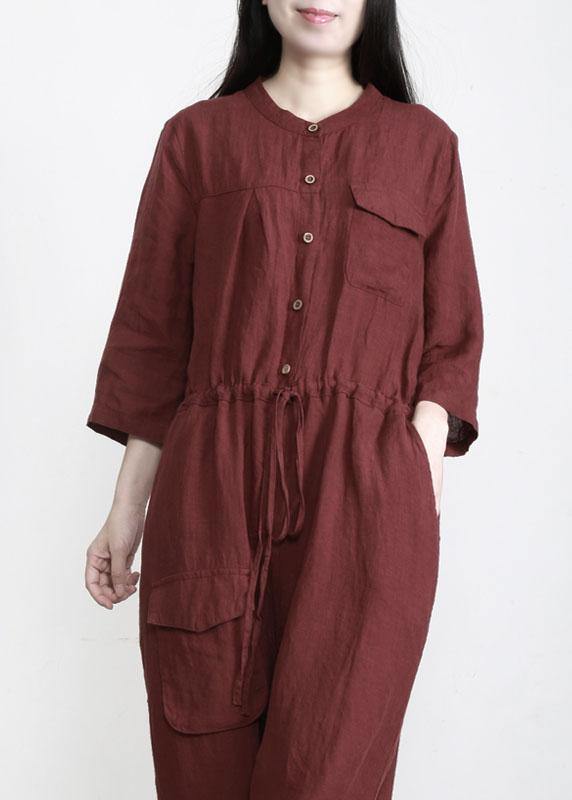 Elegant Chocolate Pockets Wide Leg Fall Linen Jumpsuit Pants