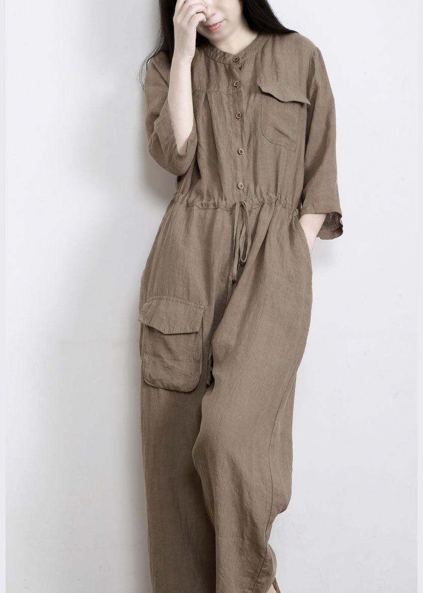 Elegant Chocolate Pockets Wide Leg Fall Linen Jumpsuit Pants