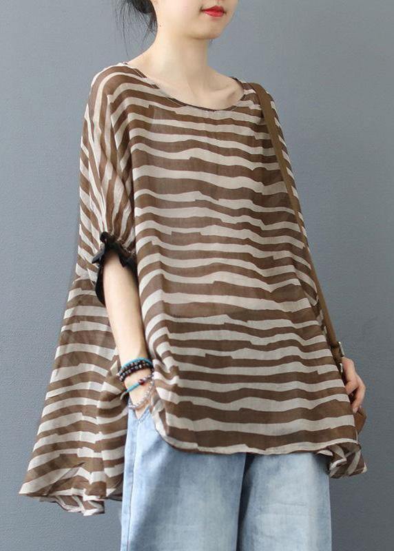 Elegant Chocolate Striped Clothes For Women O Neck Midi  Blouse