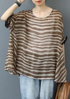 Elegant Chocolate Striped Clothes For Women O Neck Midi  Blouse