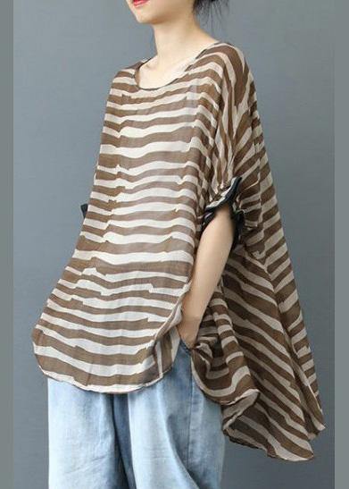 Elegant Chocolate Striped Clothes For Women O Neck Midi  Blouse