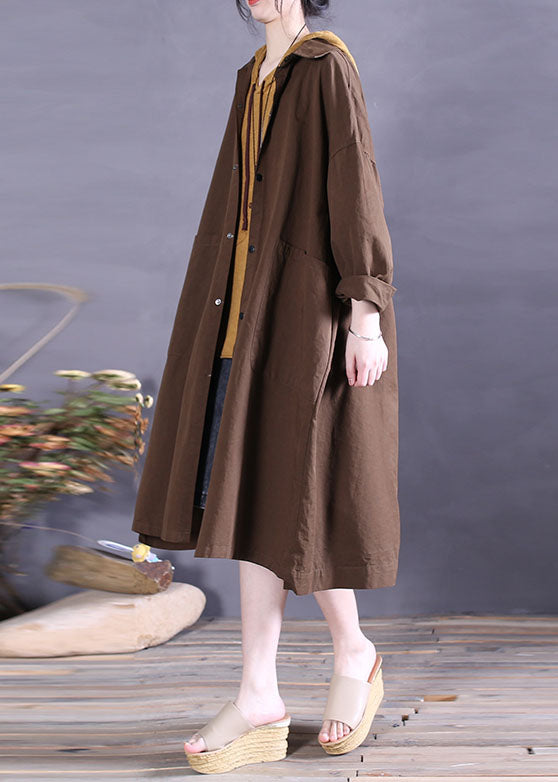 Elegant Chocolate Button Cotton Casual Coat Spring