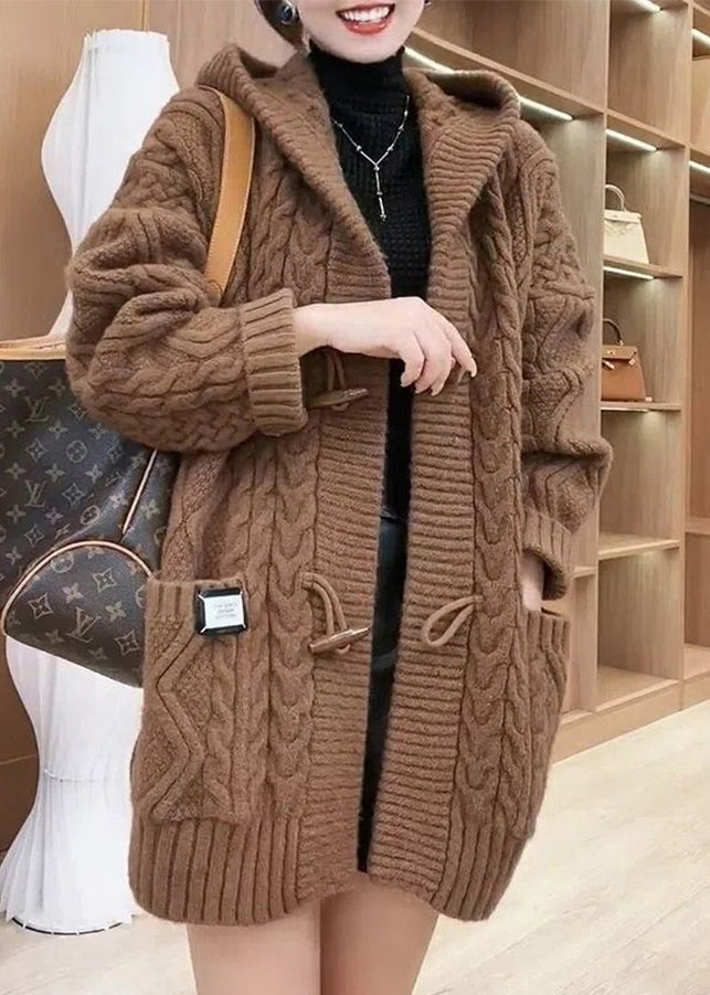 Elegant Chocolate Colour Button Cable Knit Sweaters Coats Fall