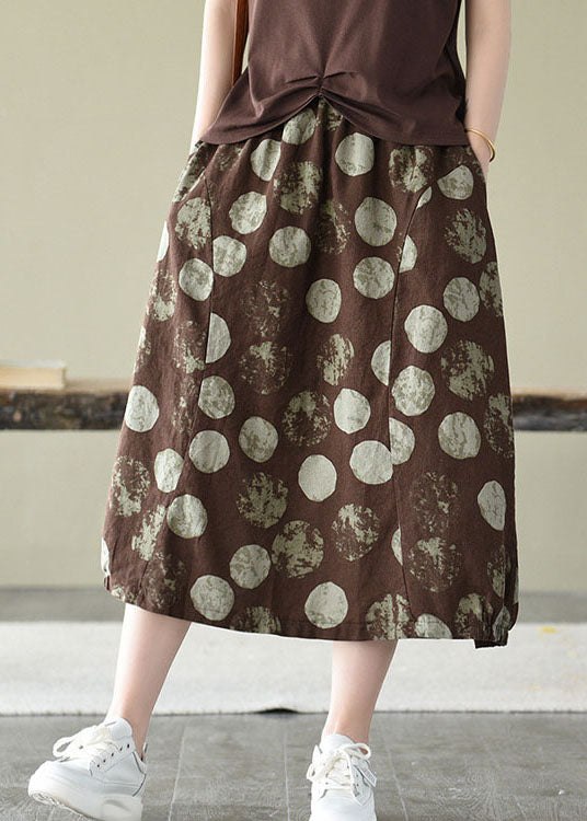 Elegant Chocolate Elastic Waist Pockets Linen Skirt Summer