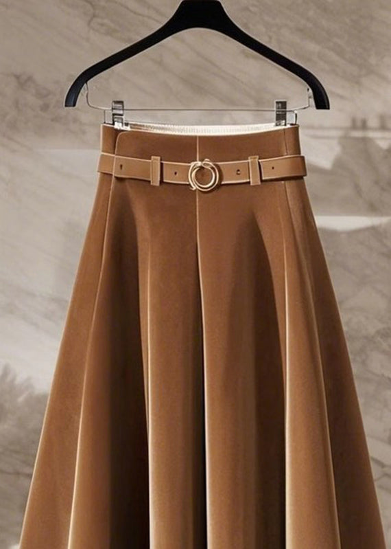 Elegant Coffee High Waist Sashes Silk Velvet Maxi Skirt Spring