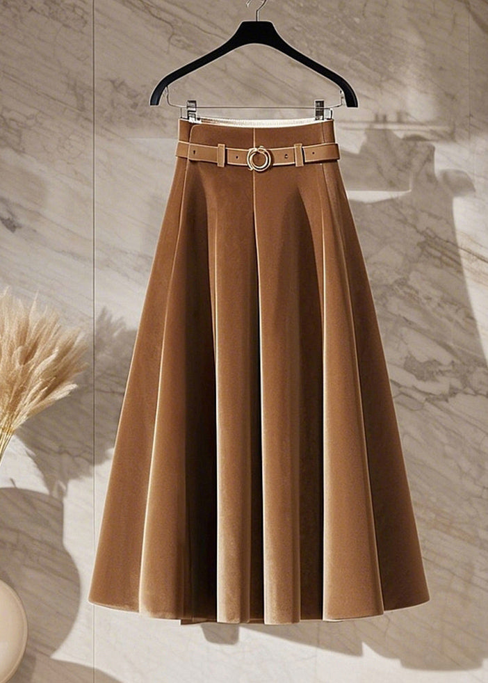 Elegant Coffee High Waist Sashes Silk Velvet Maxi Skirt Spring