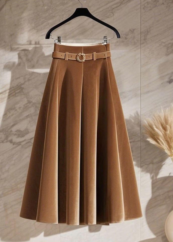 Elegant Coffee High Waist Sashes Silk Velvet Maxi Skirt Spring