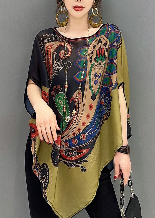 Elegant Colorblock Asymmetrical Print Chiffon Top Batwing Sleeve