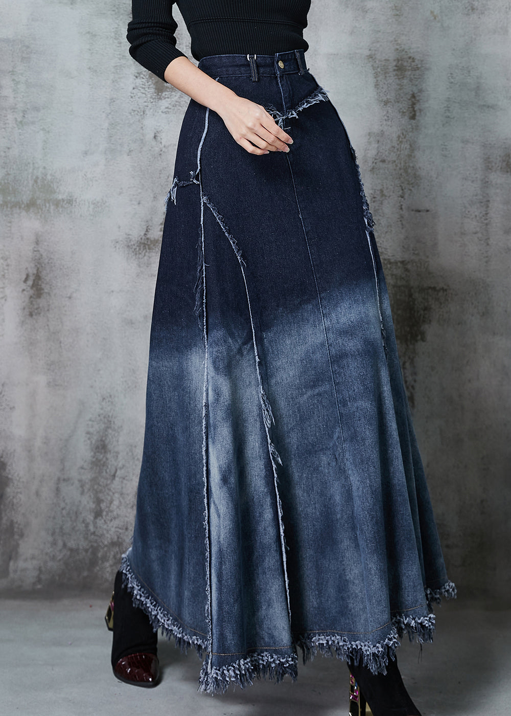 Elegant Gradient Color Patchwork Exra Large Hem Denim Skirt Spring