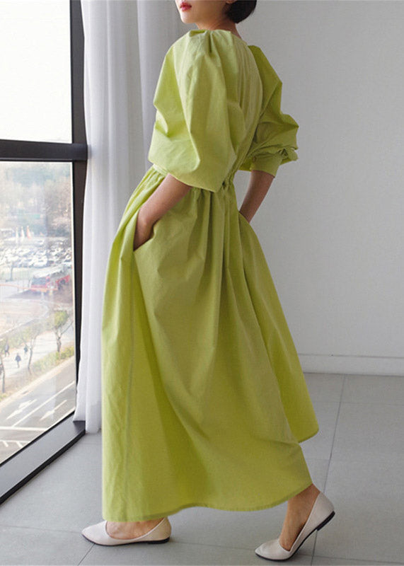 Elegant Green O-Neck Button Pockets Wrinkled Cotton Long Dress Puff Sleeve