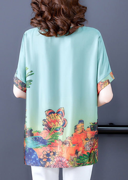 Elegant Green O-Neck Print Silk Tops For Women Short Sleeve