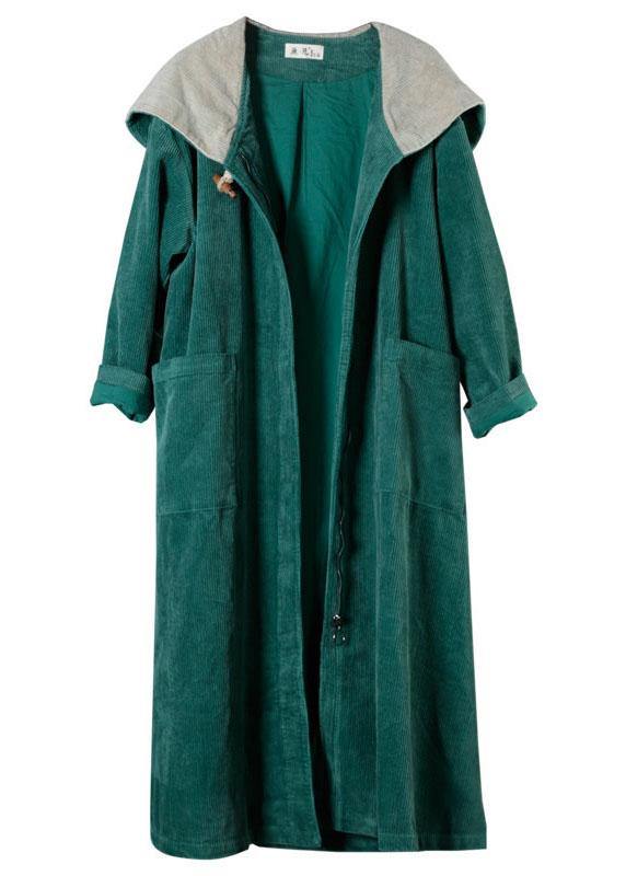 Elegant Green Pockets Hooded Zippered Button Fall Hoodies Outwear Long Sleeve