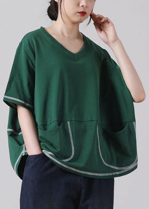 Elegant Green V Neck  Short Sleeve Cotton Shirt