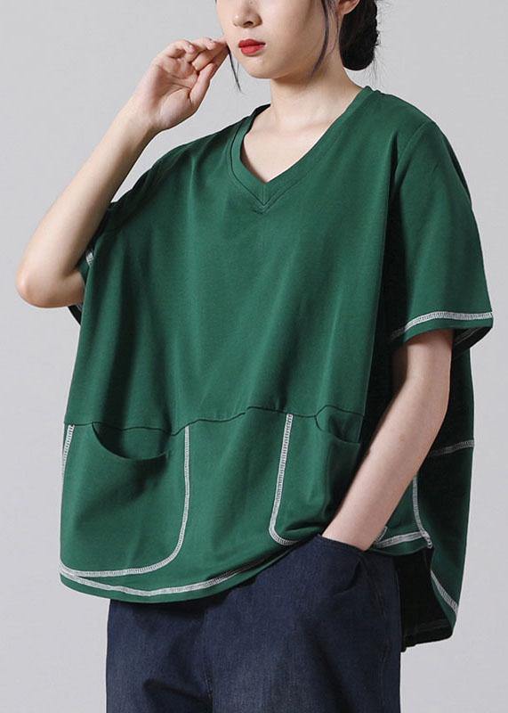 Elegant Green V Neck  Short Sleeve Cotton Shirt