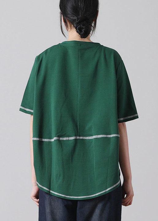 Elegant Green V Neck  Short Sleeve Cotton Shirt