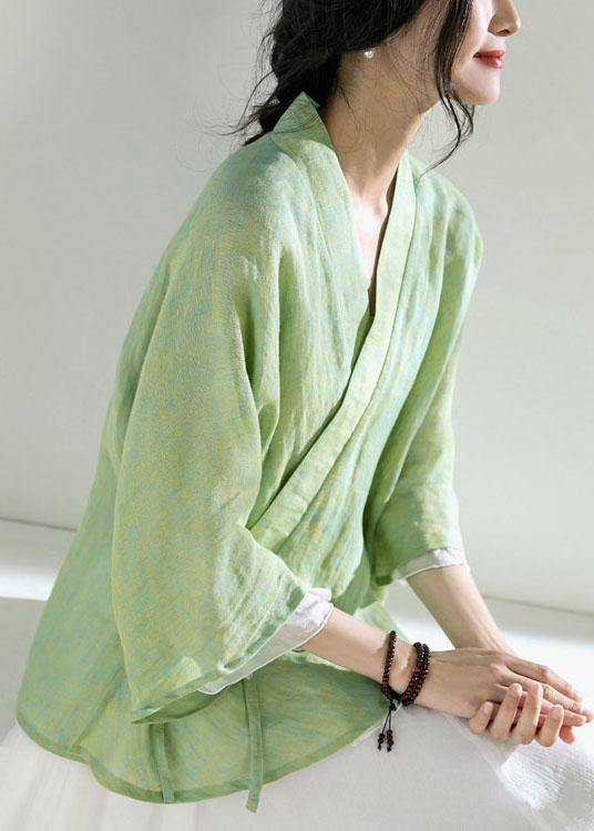 Elegant Green V Neck Butterfly Sleeve Tie Waist Summer Linen Tops